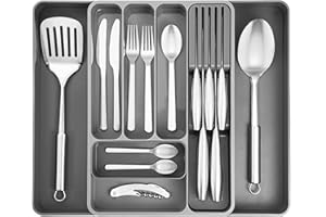 nuovva Cutlery Drawer Organiser – Adjustable Utensil Tray for Drawers – Expandable Cutlery Set Holder – Compact Drawer Divider for Knives, Forks and Spoons – Shaded Grey