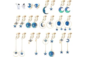 YADOCA 12 par kolczyków z klipsem dla kobiet dziewcząt gwiazda księżyc kolczyk hipoalergiczny asymetryczny wiszący kolczyk nieprzekłuty zestaw klipsów do uszu niebieski różowy, Metal