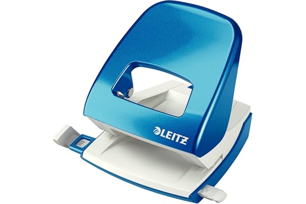 Leitz – Perforateur, 30 Feuilles, Réglette de Guidage avec Marquages des Formats, Métal, Emballage Boîte, pour Maison Bureau École, Bleu WOW, 50081036