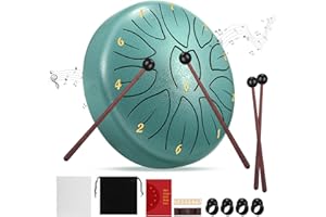DEECOZY Tambour à langue en acier de 15,2 cm à 11 notes, tambour à langue en ré majeur pour débutant pour la méditation, le yoga, l'éducation musicale avec baguettes de batterie, support tutoriel, livre,