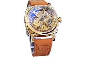 FORSINING Fancy Watches for Men, Square Retro Mechanical Watch Self-Wind Carved, Gear Movement Golden Skeleton Automatic Watches Vintage Leather Strap Wrist Watch, Gold, Retro
