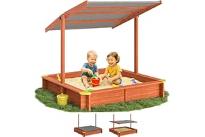 Spielwerk® Sandkasten Max Sonnendach 140x140x120cm imprägniertes Holz Füllstand Skala UV 50+ Kantenschutz Bodenvlies Sandspielzeug Kinder Sandbox Sandkiste