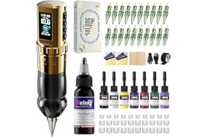 SOLONG TATTOO Solong SL-TKE201BEU-9 - Kit de tatuaje profesional (7 ciclos, carrera ajustable, batería LCD digital, 20 agujas y 8 tintas de para artistas principiantes y profesionales)