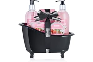 ‎BRUBAKER BRUBAKER Cosmetics Bade-Geschenkset Erdbeer Kokosnuss mit Deko Badewanne Schwarz 9-teilig
