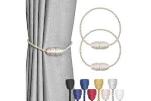 Pretty Jolly 2 Pack Strong Magnetic Curtain Tiebacks - Handmade Weave Side Rope Curtain Holdbacks - Unique & Elegant Decorative Tie Backs for Home & Office Window Drapery (Beige)