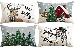 Artscope Zestaw 4 szarych świątecznych poszewek na poduszki 40 x 60 cm zima Boże Narodzenie dekoracyjna poszewka na poduszkę na sofę salon dekoracja świąteczna (białe - bałwan i łoś)