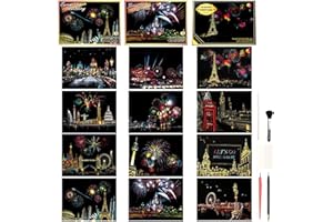 Georgie Porgy 12PCS Scratch Art Paper Set DIY Arts Craft Kits for Kids Magic Rainbow Cards Boards Christmas Birthday Present for Boys Girls (A5 Postcard-Europe+Fireworks+Architecture)