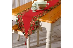 Tatuo Christmas Embroidered Table Runner Xmas Flower Red Cover Christmas Leaf Table Linens for Holiday Home Dining Decoration(15 x 70 Inch)