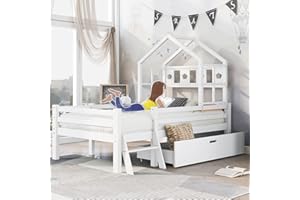‎FEZTOY FEZTOY Hausbett Spielbett Kinder Bett, Vielseitiges Kiefernrahmen Kinderbett mit Leiter und Schubladen, Hochbett Massivholz mit Rausfallschutz 90x200cm Weiß