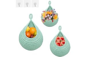 KUNYEAH 3 cestini da frutta da appendere per cucina, a goccia, in stile bohémien, con ganci, fioriere da parete, intrecciate a mano, cesti decorativi per verdure, cipolle e patate (verde)