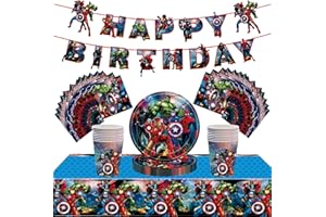 ZSYIULIA 54Pcs Superhero Party Tableware Decorations for Boys Birthday,Superhero Avengers Cartoon Decorations Table Cloth,7inch Paper Plates,Banner,Paper Napkins for Avengers Theme Table Party Favor