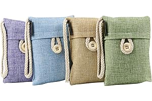 TRIXES 4 x sacchetti purificanti con carboni attivi contenuti all'interno di una pochette in fibra di bambù, sacchettini da appendere per guardaroba, i vestiti, assorbe gli odori per casa più fresca
