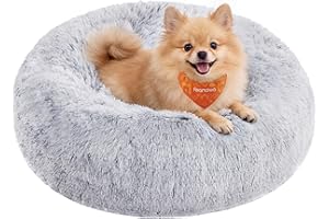 Feandrea Hundebett flauschig, Katzenbett, Donut Kissen, waschbar, Polsterung in der Mitte herausnehmbar, Langer Plüsch, 60 cm Durchmesser, Ombré-Grau PGW038G01