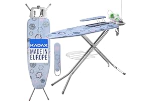 KADAX Tabla de Planchar de Acero con Funda de Algodón, Enchufe, Altura Regulable, Estante para Ropa y Soporte para Plancha, Mesa Plegable (Azul)