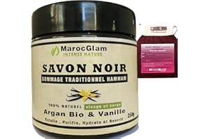 Peeling - Sapone Nero Marocchino con Olio di ARGAN Biologico 250 g e Vaniglia + Guanto Esfoliante Kessa Cleanse, Olio di Argan 100% Naturale, Antirughe, Ricco di Vitamina E, HAMMAM & SPA, Maroc GLAM