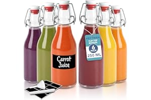 HEFTMAN Glass Bottles with Stoppers - 250ml 6 Pack Clear Swing Top Bottles for Beer Brewing with Airtight Stoppers for Wine, Condiments, Beverages, Oil, Vinegar, Kombucha & Water - 6 PCS (250ml)