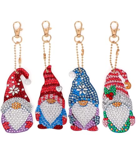 12 Kits De Peinture Diamant Pendentifs Noël - Père Noël Et Nains, Porte-clés DIY à Décorer, Strass 5D - 9