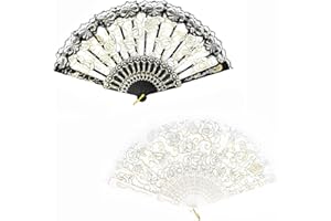 MultiValue 2 Pcs Hand Fan Folding, Fabric Folding Fan Vintage Chines/Spanish Fan with Hanger, Classic Lace Rose Handheld Folding Fan for Wedding Birthday Party Decoration (Black+White)