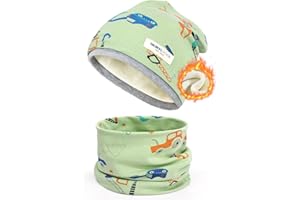beifon Kinder Beanie Mütze & Loop Schal Set, 95% Baumwolle Mütze Schal Set Mädchen Jungen 2-8 Jahren, Schlauchschal Warme Wintermütze Strickmützen für Herbst Winter Frühling