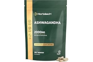 Ashwagandha 2000mg - 365 Veganska Tabletter i 6 Månader | Ashwagandha Extract Withania Somnifera 20:1 - Kosttillskott med Hög Styrka - av Horbaach