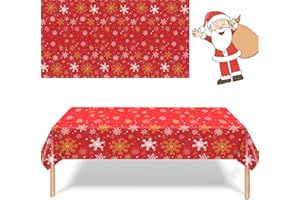 MORAINJAY Świąteczny obrus, 137 x 274 cm, duży czerwony świąteczny obrus z płatkami śniegu, prostokątny, wodoodporny plastikowy pokrowiec na imprezę, na przyjęcie bożonarodzeniowe, kolację, zimowe