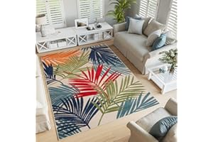 TAPISO Patio Outdoor Indoor Area Rug Sisal Modern Leaves Terrace 3D Effect Cream Multicolour Living Room Bedroom Kitchen Durable OEKO-TEX Size - 140 x 200 cm (4ft7 x 6ft7)
