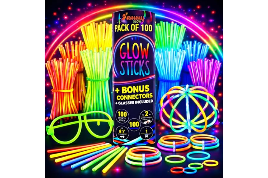Glow Sticks 100 Pack with 100 Connectors( 205 Pcs Kit) Glow Glasses Kit-Ball and Triple Connectors-Glow in the Dark Party Supplies - Bracelets & Necklaces for Kids & Adults