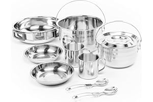 BRAMBLE 9 Pièces Ensemble de Cuisine & Casseroles de Camping en Acier Inoxydable - Qualité Supérieure, Solide & Compact - Trekking, Extérieur, Randonnée, Pêche