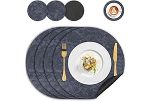 IAGORYUE Placemats and Coaster Sets 4, Dual-Sided Leather Table Mats Heat-Resistant Non Slip Waterproof, Round Floral Wipeable Washable Place Mat(34cm), Easy to Clean for Kitchen Dinning Restaurant(Blue Black)