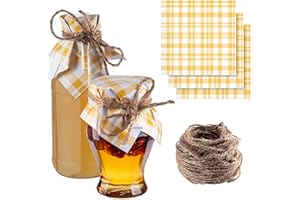 KADAX Lot de 10 napperons décoratifs avec cordon en jute pour bocaux à confiture, napperons en papier (carreaux jaunes)