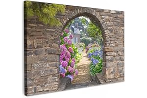 MuchoWow© Impressions sur Toile 30x20 cm Deco Tableau Murale Decoration Salon Peinture Tableaux Chambre Toiles Maison Fleurs - Vue de la fenêtre - Hortensia - Été