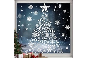 AMLOOPH Christmas Window Stickers, 230pcs White Snowflake Window Stickers Christmas Decorations, PVC Static Reusable Snowflake Window Clings Xmas Scene Sticker for Christmas Window Decorations Indoor