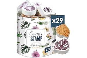 Aladine - 29 Tampons Jungle avec Encreur Noir - Pour Personnaliser Cartes, Invitations - Scrapbooking, Bullet Journal, Feuilles Exotiques Fleurs Nature - Creative Stamp - 03744