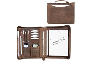 ‎ALMADIH ALMADIH Leder A4 Aktenmappe mit Reißverschluss, Tragegriff und Ringmechanik Premium Rindsleder BV Ledermappe Mappe Konferenzmappe Dokumentenmappe Schreibmappe Organizer Tagungsmappe (Braun Vintage)