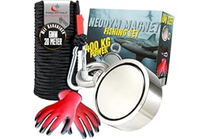 MAGNET-KAUF Juego de pesca magnética de neodimio, 400 kg, fuerza de tracción, 67 mm, juego completo con cuerda de 20 m, guantes impermeables para pesca magnética