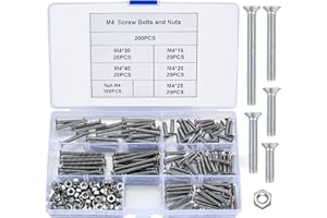 JINZEYOU 200 Stk M4 Senkkopfschrauben, Maschinenschrauben und Mutter Set, Flachkopfschrauben, Edelstahl Kreuzschlitzschrauben und Muttern für Kopfteile Stühle Möbel Befestigung Werkzeug