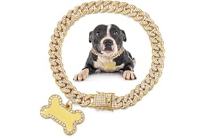 Hillban Hundekette, goldenes Diamant-Halsband mit Haustier-ID-Schmuckmarken, Strasssteine, Edelstahl, Metallgliederhalsband, Spazierengehkette, Halskette für Welpen, kleine Hunde (20,3 cm)