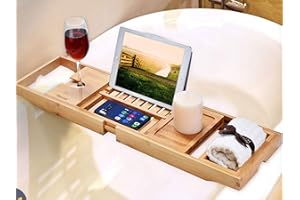 Premium Bamboo Bath Tray Rack by Harcas. Gorgeous Extendable Bathtub Caddy with Wine Glass Holder, Soap Tray and iPad Holder/Book Rest. Perfect for Relaxing While Winding Down. Fits Most Bathtubs