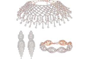 Kakonia Rhinestone Jewelry Set for Women Rhinestone Choker Necklace Crystal Rhinestone Bracelet Tassel Dangle Earrings Silver/Gold/Rose Gold/Black Jewelry Set For Wedding Party