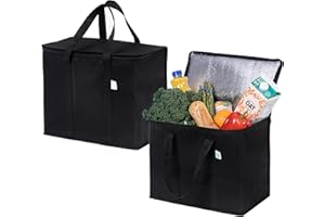 VENO Pack de 2 Bolsas Térmicas para Comida, Bolsa Porta Alimentos Grande con Asas, Cierre y Tapa, Bolsa Nevera Térmica de Delivery, Compra Sostenible, Reutilizable, Plegable (Negro,Pack de 2)