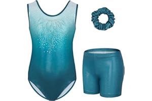 Gogokids Ensemble de Gymnastique Trois Pièces pour Filles, Justaucorps Sans Manches avec Shorts et Bandeau, Tenue de Gymnastique avec Design de Couleur Scintillants Dégradée pour 3 à 12 Ans
