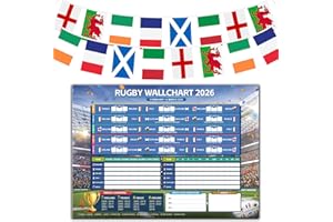 AhfuLife Six Nations Rugby Wallchart 2026 and 12m-30pcs Flags Bunting Set for Rugby Party Decoration, Six Nations Rugby 2026 Poster Includes 6 Teams Schedule and Fabric Bunting for Rugby Decoration