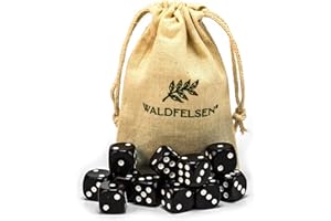 Waldfelsen 6, 12, 20, 30 oder 50 hochqualitative Würfel Standardgröße 16 mm Acrylwürfel Knobel Spielwürfel Dice 6-seitig sechsseitig Spielzubehör Set mit Stoffbeutel (Schwarz, 12 Stück)