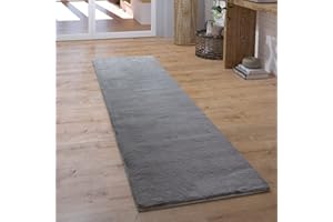 Paco Home Alfombra Pasillo Pelo Largo Hall Dormitorio Salón Mullida Alfombra Piel Sintética Moderna Monocolor, tamaño:100x200 cm, Color:Antracita