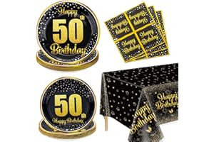HEGBOLKE 50th Birthday Decorations for Women and Men - 61Pcs Plates Napkins 50th Tablecloth Black and Gold Party Decorations Serve 20