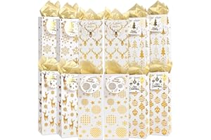 LOKIPA Christmas Wine Gift Bags,12 Pack Gold Foil Paper Wine Bottle Bags with Tissue Paper and Name Tags for Christmas, Wedding,Wine Tasting,Home Party