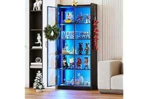 Gurexl 65" Display Cabinet with Acrylic Door, LED Bookcase with Human Sensor 3-Color Lights, 5-Tier Curio Storage Cabinet with Adjustable Shelf for Collectibles,Bedroom,Living Room,Office,Black