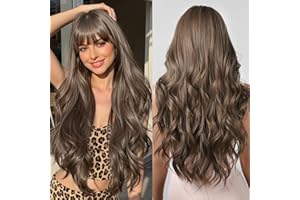 ALLBELL Lange Schokoladenbraune Gewellte Perücken für Frauen, flauschige Wellenperücke mit hitzebeständigem Kunsthaar