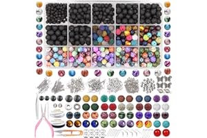 EuTengHao Lot de 846 perles en pierre de lave cloisonnées avec motifs d'encre et pendentifs pour diffuseur d'huiles essentielles, pour la fabrication de bracelets et de bijoux