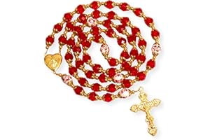 Nazareth Store Catholic Green Crystal Beads 10mm Gold Rosary Flowers Beaded Necklace Miraculous Heart Locket Medal & Cross Religious Women Men Amulet 21" in Velvet Bag